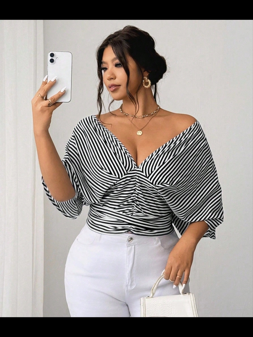 Striped V-Neck Twist Front Women’s Top - Black & White